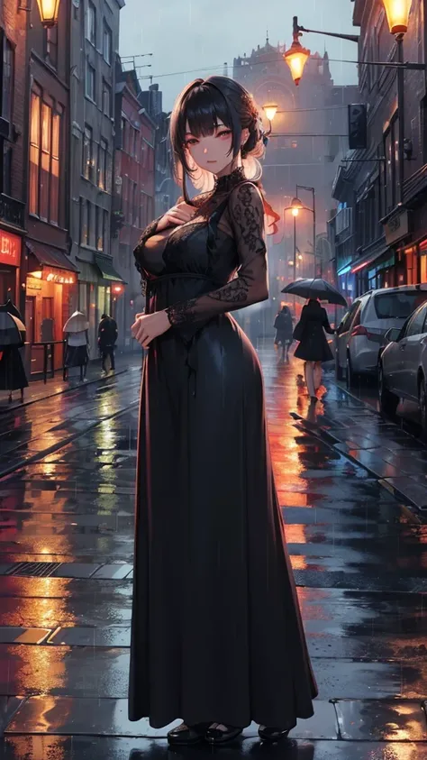 (( Quality Best , 8K, Lace Maxi Dress, Standing in the rain, Red Light District, Highly detailed facial and skin textures,  careful eyes, Double eyelids.)