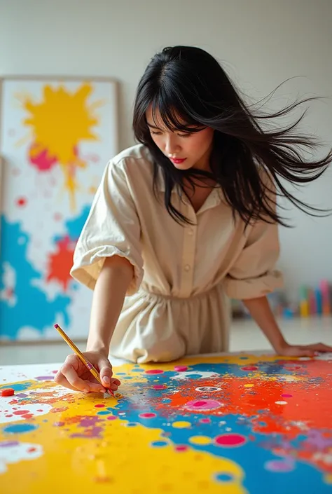 (Best quality, actual, photoactual, photo-actual, colorful, sharp focus), (full body, wide angle shot), (1 cute Japanese girl), (Nana Komatsu),Jackson Pollock action painting, kinetic expression, colorful hair, (Photograph Art Minimalism:1.1), simple backg...