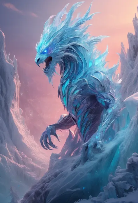 Legendary fantasy Creature, Creature made of ice, mythology, Magical Creature, character concept art, fairyland, surreal epic scene, bright and saturated colors, Ethereal atmosphere, fairy tales, (best quality, masterpiece, Ultra high detail, 8k)