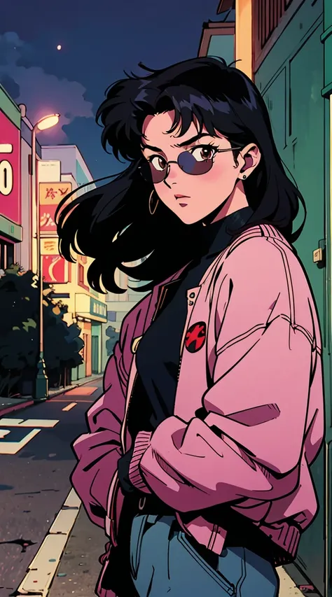 Highest image quality, 90s style anime, 24 year old boy Misato Katsuragi Style, black hair, shoulder-length hair, brown eyes, with a nitwear, night street, 90s street,sunglasses