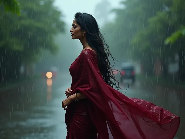  Extreme wide scenic cinematic shot from profile of A 48-year-old woman who look like Indian actress Samantha, standing in a pouring rainstorm. She is wearing a deep maroon saree that clings to her body, revealing her stunning figure and high heels. Her da...