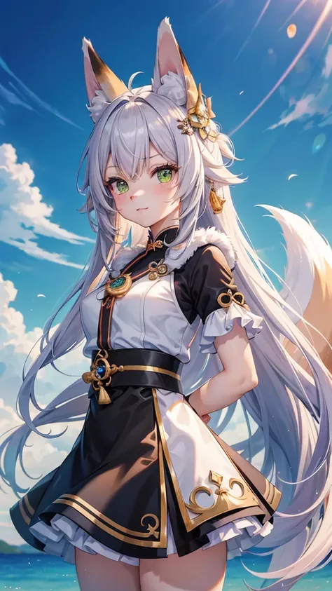 (fluffy anthro  furry:1.3),  1 Girl,  unique , hair, fox, fox ears,  furry, Nashida (Genshin Impact), Cross Eyelet,  green eyes,( ponytail, Pointed ears:0.6), Quality Best ,masterpiece, very delicate and beautiful  , ( have a cute girl in the center:1.2), ...