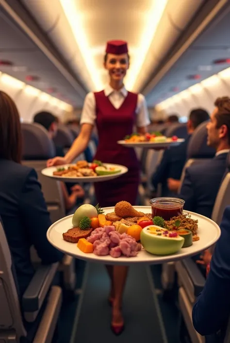 pov flught attendant serve you food airplane
