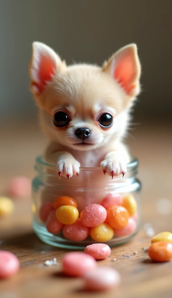 The worlds smallest chihuahua baby , In a jar with candy,  is unquestionably adorable and charming, The photos are very realistic、It accurately captures the subtle characteristics of Chihuahua babies in miniature,