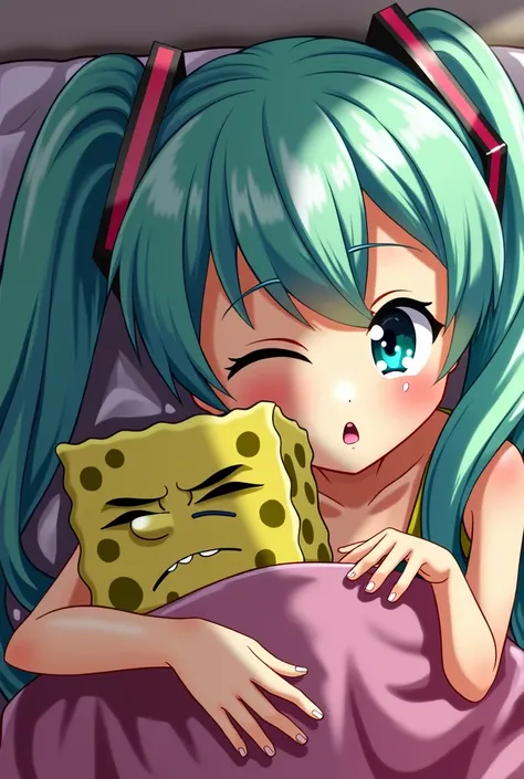 Hatsune Miku having sex with SpongeBob in bed passionately 