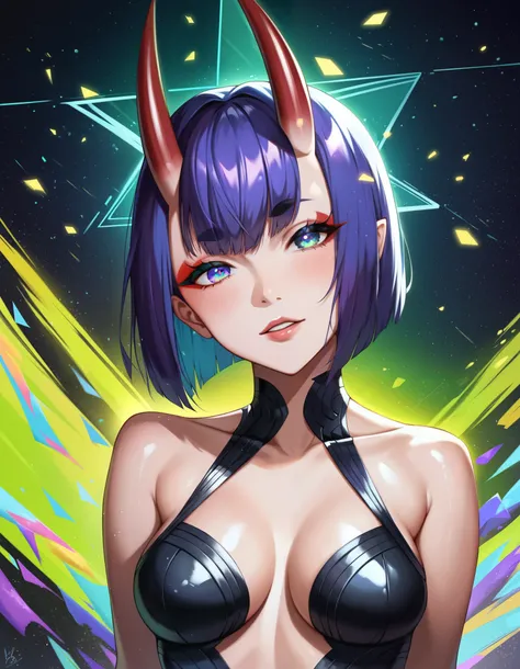 score_9,score_8_up,score_7_up, rating_safe, glitch, d1splaygl1tchl1nes, a glowing (triangle:1.1), 1girl, shuten douji (fate), cyborg, breasts, contrapposto, shiny, glamour, makeup, glossy, glowing eyes, anamorphic, head tilt, science fiction, head tilt, ge...