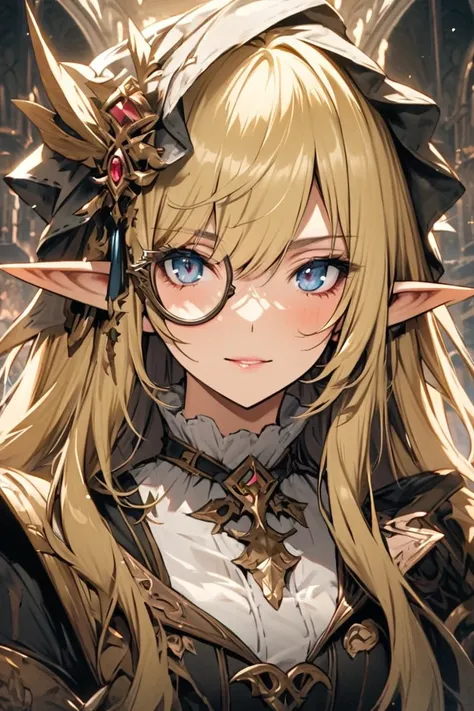  fantasy, high definition , Long Hair, Blonde, Pointy Ears, Character portrait,  monocle,god々Shii,