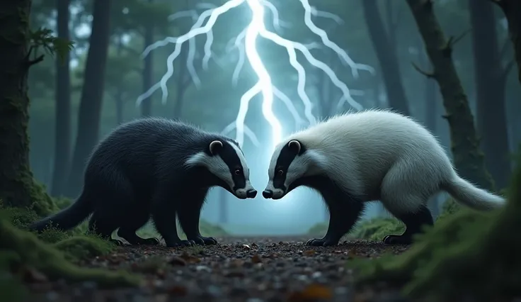 Two animals—a black badger and a white badger—are looking angrily at each other in a dark dense forest as if they are about to fight, with dark forest and lightning flashing in the background, creating a vast forest or a scary atmosphere.