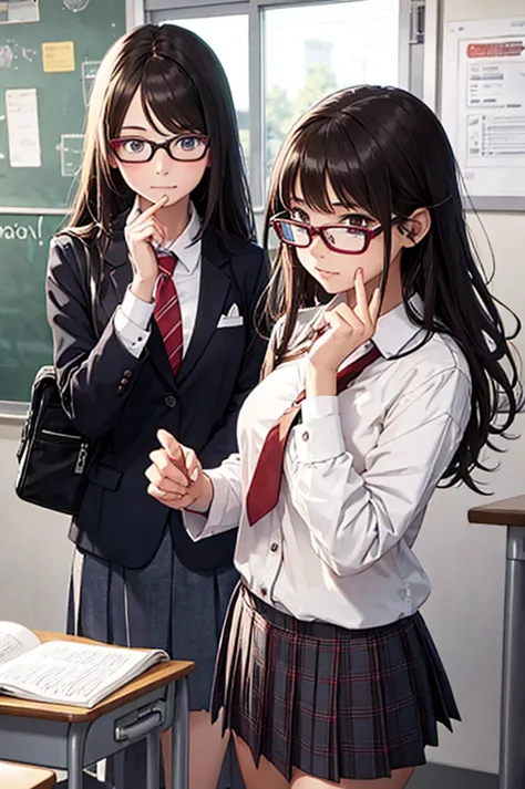 this picture shows a girl wearing glasses,  1 girl, alone, school,