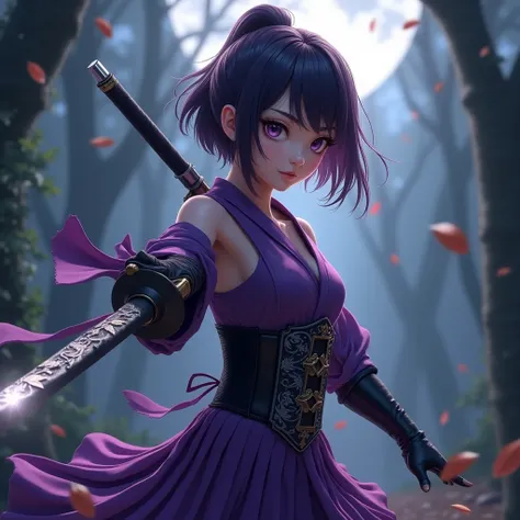 It generates the hyper realistic image of a young ninja of average height and an athletic but slender build,  with an agile and elegant posture that reflects martial training .  Her hair is dark purple and shines softly under the light ,  cut in a short ma...