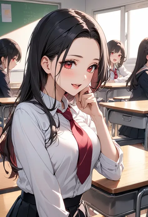 (delicate and beautiful), (immensely beautiful perfect illustration), (perfect parted center slicked-back look) (delicate hime cut) (vivid black delicate long hair), (best cool girl) (age 18), (best cool red eyes), (soft smile, open mouth), ((best beauty c...