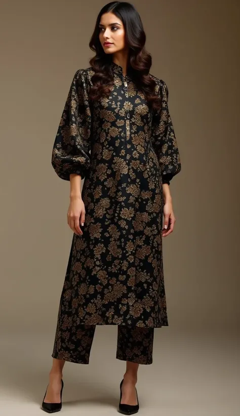 the woman wavy hair style in the black ditsy floral pattern leather satin foil punjabi style high neck kameez paired with patiala shalwar.exudes a blend of authority and style. the kameez features 3/4 sleeves with an exaggerated puffy shoulder design,givin...