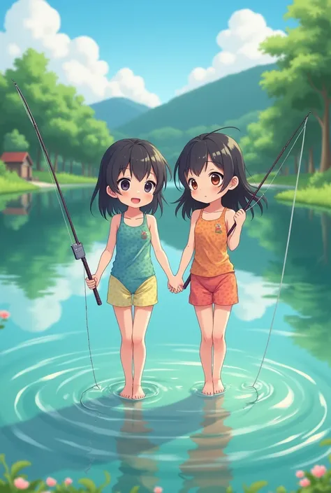 Anime Pretty Little Elementary School Twin Sisters Are Fishing in Swimsuits and T-backs