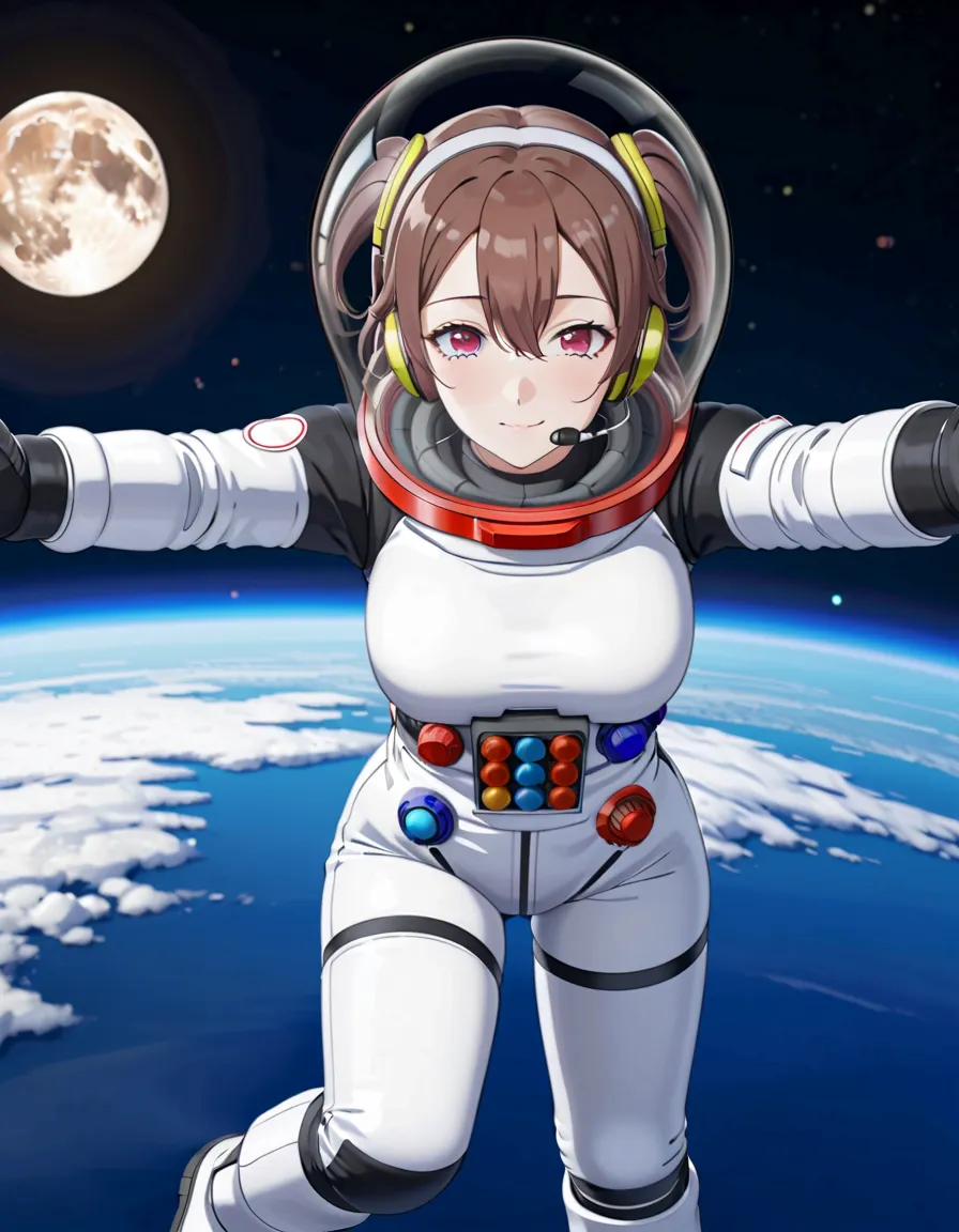 eva helm, spacesuit , astronaut), from above , bubble helmet, space helmet,wearing a (spacesuit:1.15), hovering, flying, moon su...