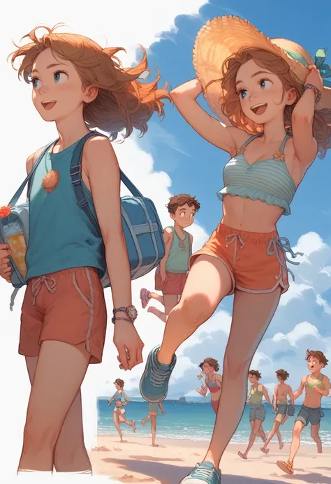 boy and girl, shonen boy and girl, character design gestual, poses, expressions, tenage boy, running,cute girl, summer, beach, several poses, white background 