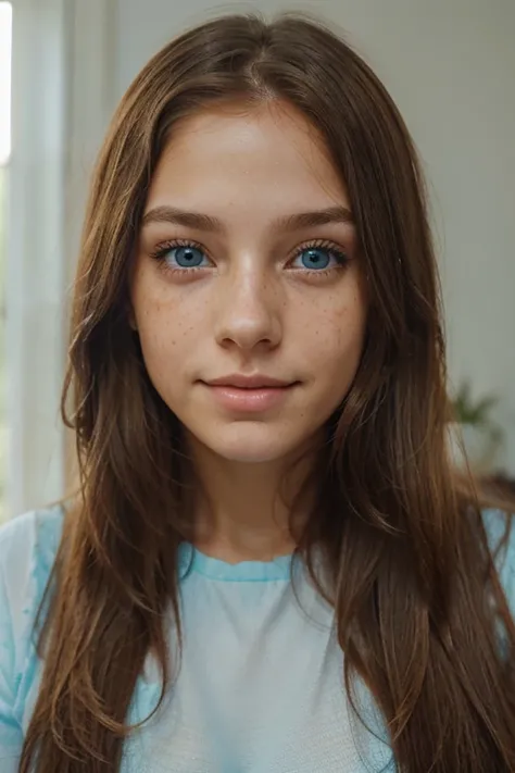 a  girl with beautiful and realistic blue eyes that arent too artifitial, more specifically brazilian and cute, with long LIGHT BROWN straight hair, she is , she has some cute and soft freckles. she is smiling and looking with a seducing way / surrealism /...