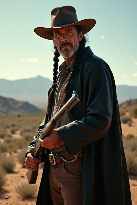 1 native american guy, Twintails hair, with cowboy hat, wearing black leather long coat, hand a winchester, west background.