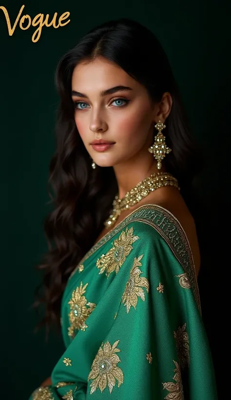 A sultry, chest-up shot of a stunning Indian model draped in a shimmering, deep-emerald sari, adorned with intricate gold embroidery. Her eyes smolder with a mix of mystery and allure, as she wears minimal makeup, highlighting her natural beauty. The backg...