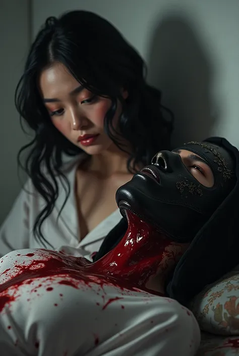 Hight resolution, Hight quality, realistic view, very beautiful woman, woman pajamas, male neck bloody splashed, male ninja full face mask, male hoodie, male die, woman beauty hair styles, ninja very bloody in neck, woman cut neck ninja by knife