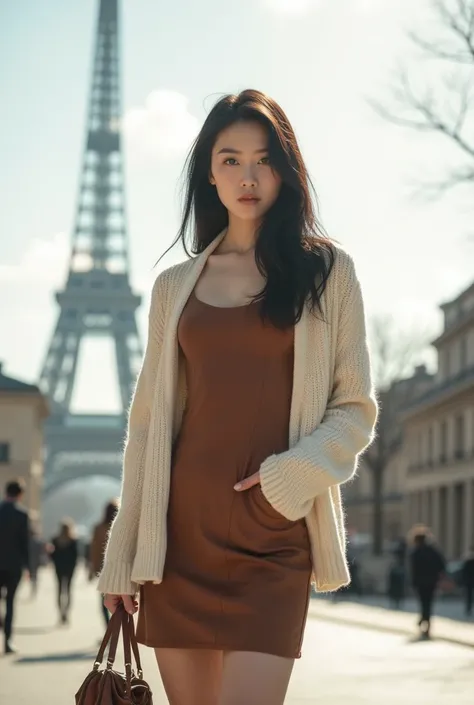 Black haired white Korean girl wearing a brown tight-fitting dress wearing a white wool sweater, wearing brown boots, sexy, rear view is the Eiffel Tower, bright daylight, faint fog looking at the camera.