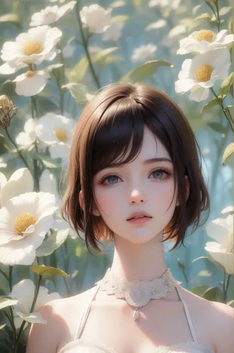 Short hair and white Summer knitted , Summer knitted , short hair, short hair with bangs,  cute face for girls , Lovely and delicate face in portrait,  French bob , fair skin!!,  short brown hair and big eyes ,  gentle portrait photography 8K ,  Beautiful,...