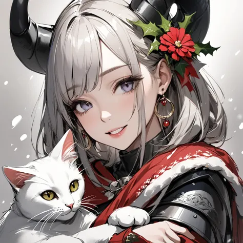 
( best quality, sketch:1.2),Realistic, 1 girl, masterpiece, Noir Dark, art,  Im wearing a zinnia flower holder and earrings、The sheep has horns、hugging a cat and laughing、Medieval female knight outfit,of shoulder , Christmas season , its snowing,  face cl...