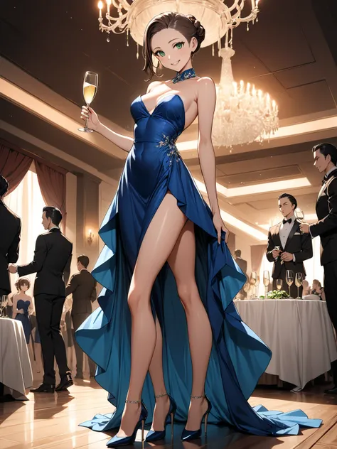 masterpiece, best quality, very aesthetic, high detailed anime, High contrast, Sharp Focus,1lady, (full body), detailed green eyes, tareme,  half opened mouth, smile, dark brown silky hair, (hair pulled back), contrapposto, holding  1 Champagne glass with ...