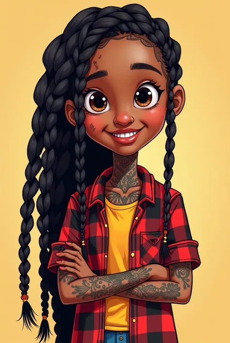 Cartoon Brunette Girl,  long hair African braids ,  tattoos on arms and neck, Messis flannel  