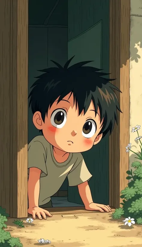 A boy sticks out the door to take a peek，Hayao Miyazaki cartoon style