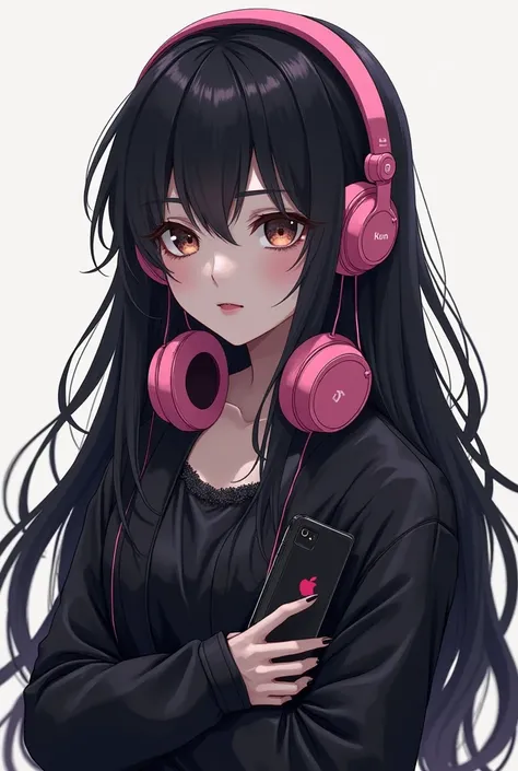 anime character with black hair and headphones pink, holding a cell phone, full_body!!, inspired by Jin Homura, !!full body portrait!!, !!highly detailed!!, sui ishida with black hair, detailed long black hair, highly_detailed!!, full body!!, 1 7 - year - ...