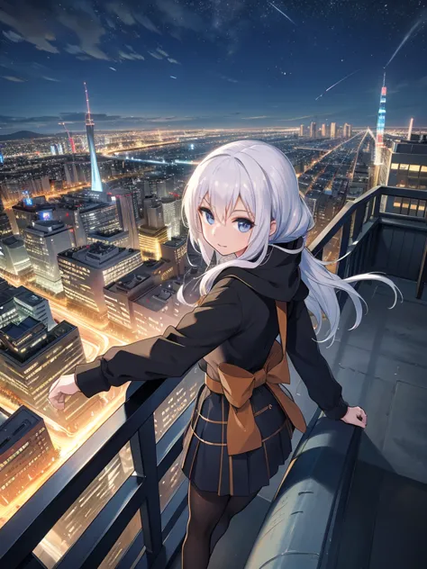 you can see the cityscape 、high-speed battles、night、 i can see the cityscape below、on a winter day