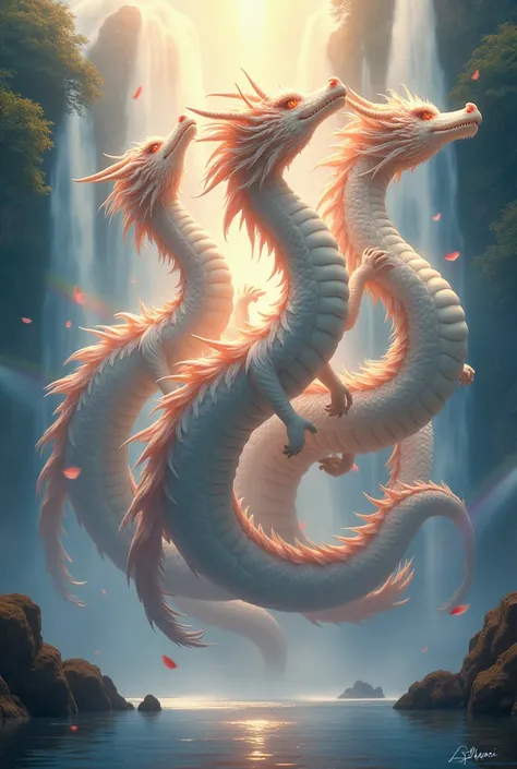 masterpiece,  best quality,Japanese Dragon God、golden dragon、 white dragons、Red Dragons Three Dragon Gods、 have a fluffy coat 、Sparkling eyes、The background is a waterfall and a rainbow、 is smiling gently、Long and slender body