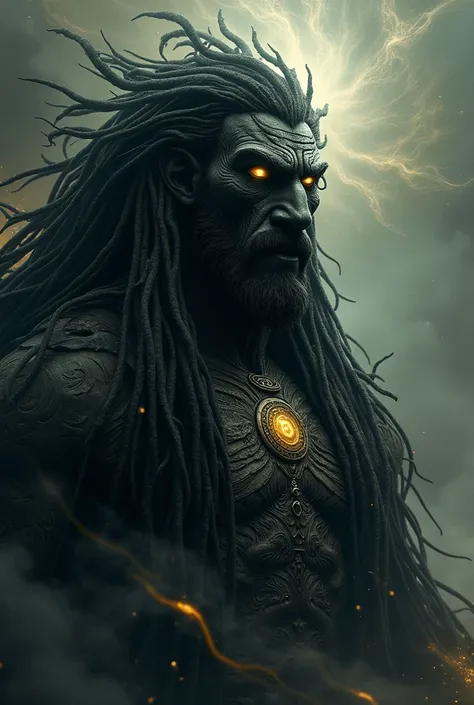 Black God with long dreads and yellow eyes