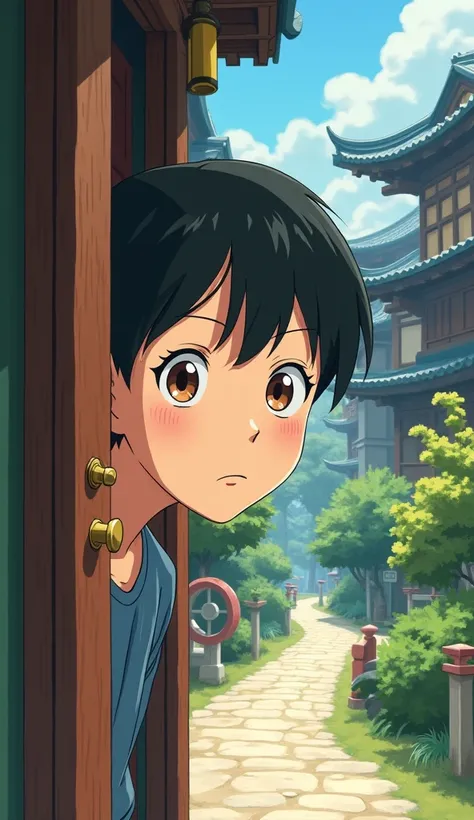 A 25-year-old male stuck his head out the door to take a peek，Hayao Miyazaki cartoon style