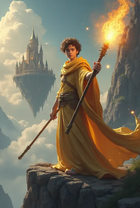 A young wizard standing on the edge of a cliff, wearing a flowing golden robe that shimmers under a twilight sky. The wizard holds a glowing staff radiating mystical energy, with magical particles floating around. They have a determined and wise expression...