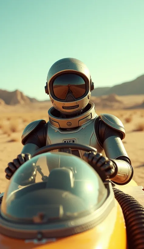 film photography of a robot driving a spaceship,medium shot , in the desert,wearing a helmet and googles , futuristic ,using film superia, with sony alpha A7 III, denis villenueve,warm colors, natural light, --v 6 --ar 9:16 --stylize 750