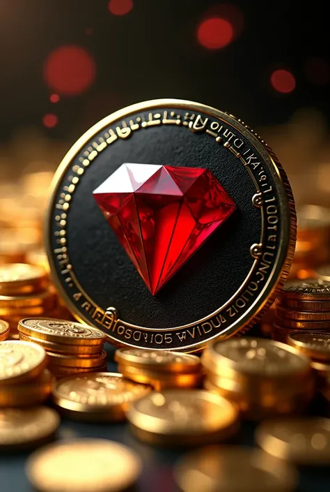 desain koin 3d, black, red diamond ,  on the background of a pile of coins,  gold and diamond 