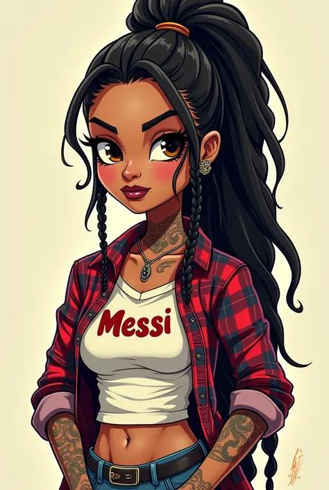 Cartoon Rough Brunette Girl, barbera,  long hair African braids on crest,  tattoos on arms and neck, flannel with the name Messi 