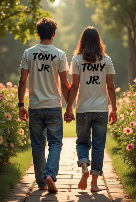 Create a realistic picture of a 20-year-old guy walking hand in hand with Lord Jesus. The guy is barefoot, wearing a t-shirt with the name "Tony Jr." written on it, and blue jeans. The environment is gorgeous, set in a garden, adding to the festive atmosph...