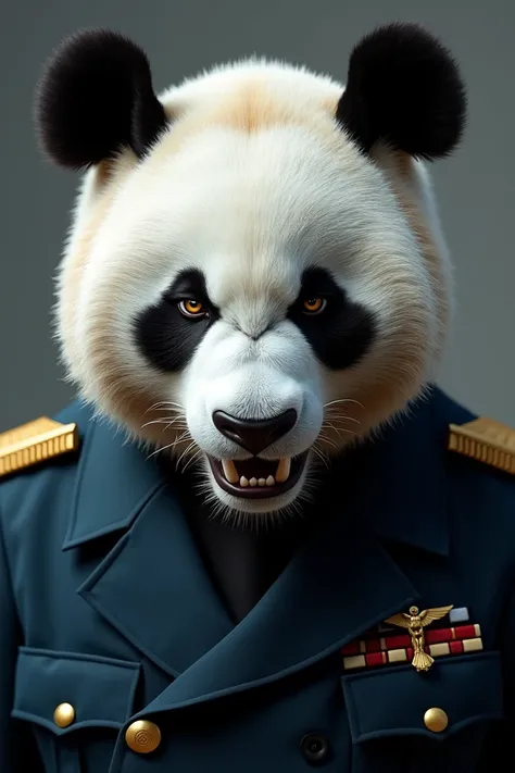 Realastic panda wearing navy uifrom and angry look close up image