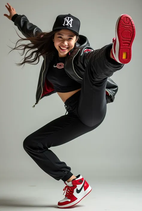 Portrait of a 25 year old Asian woman, fair skin, wearing breakdance style clothes with a black and white snapback hat, and red and white Jordan shoes, the woman is seen doing a one-handed movement on the floor with both feet on top, smiling at the camera