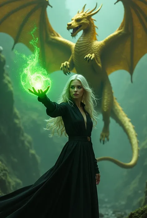 Fuji photo, a woman, white skin, Oval face, long wavy hair, Holding a green fireball, Black Witch Costume, Behind is a floating gold dragon.