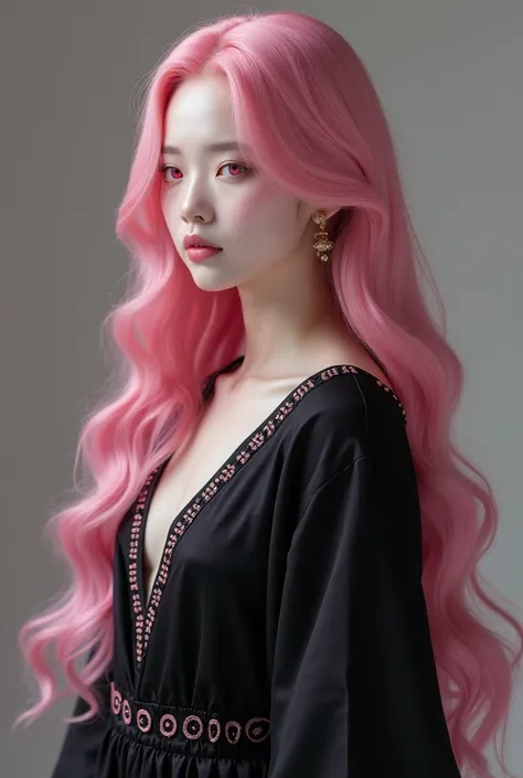 The Japanese woman stands with an air of serene elegance, her striking metallic pink hair cascading in soft waves down her back, catching the light with a subtle sheen that contrasts beautifully with her smooth, porcelain skin. Her pink eyes sparkle with a...