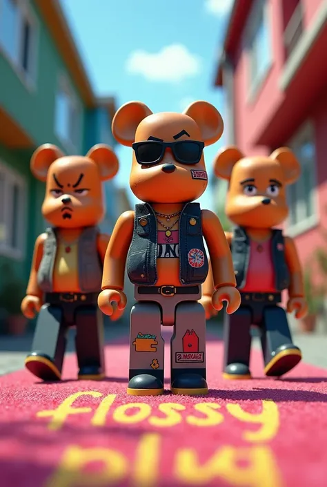 Let it be a character like the boys from the neighborhood with a touch of bearbrick toys walking on a carpet that says Flossy plug 
May the image be inspired by the cartoon The Magical World of Gumball 
And may the dolls have a punk request 
And that all o...