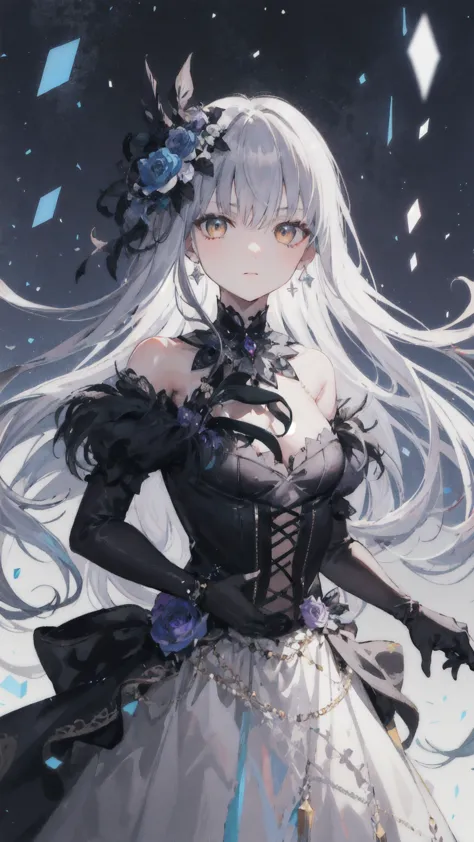 ( masterpiece ), (   Quality Best  ),  Perfect combination with popularity on  , Clean, 8K, , [  1 girl at home ,  Cowboy shooting], (minato_Snow vegetable_Bond Dreams:1), long grey hair, Sweep away bangs ,    bright eyes  , Jewelry, hair_flower, Gothic fa...