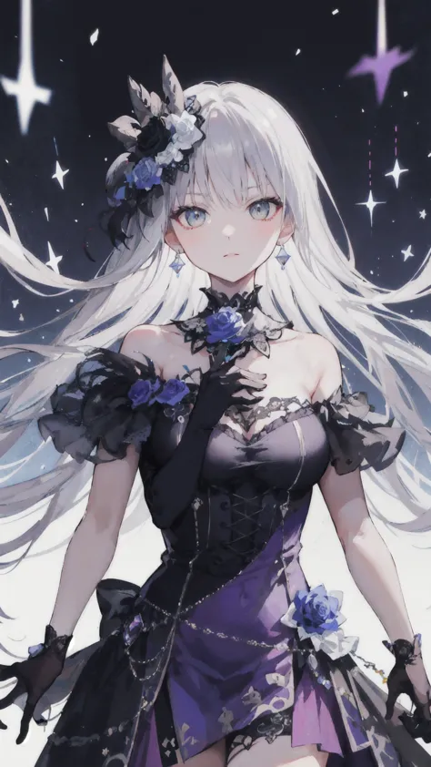 ( masterpiece ), (   Quality Best  ),  Perfect combination with popularity on  , Clean, 8K, , [  1 girl at home ,  Cowboy shooting], (minato_Snow vegetable_Bond Dreams:1), long grey hair, Sweep away bangs ,    bright eyes  , Jewelry, hair_flower, Gothic fa...