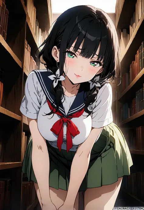 (masterpiece, top quality, best quality, official art, beautiful and aesthetic:1.2), 1 girl, short sleeved sailor school girl uniform, green skirt, white shirt, slutty pose, anime, sexy, green eyes, long black hair, library background, busty, good hands, s...