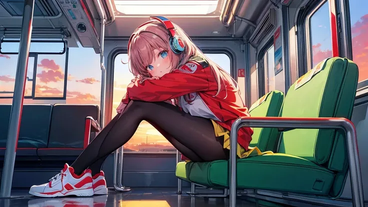 Masterpiece, highest quality, realistic, scattered beneath the surface, color lighting, color, limited edition color palette of red + yellow + green + blue, detailed conceptual shapes, line art, shapes, 18 year old girl, alone, headphones, uniform, black t...