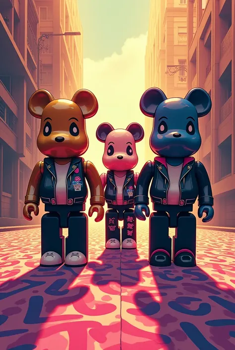 Let it be a character like the boys from the neighborhood with a touch of bearbrick toys walking on a carpet that says Flossy plug 
May the image be inspired by the cartoon The Magical World of Gumball 
And may the dolls have a punk request 
And that all o...