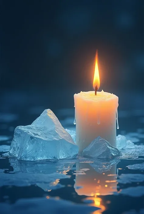 Illustration of a candle A steady, calm flame with soft, warm light, symbolizing serenity and balance.   And a Cracked and jagged ice, dripping water as it melts aggressively under the candle’s flame, representing fury and intensity